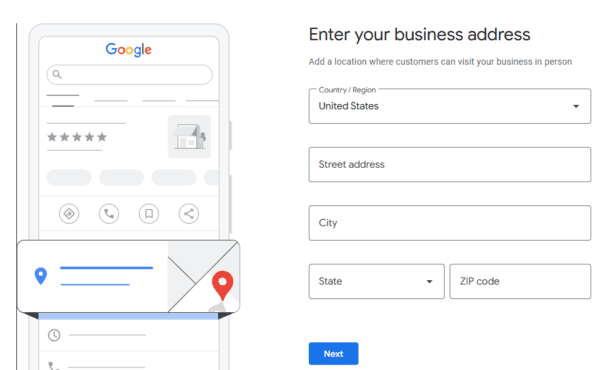 Google Business Profile "Enter your business address" form