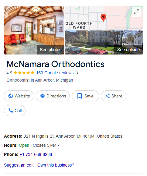 Google Business Profile of McNamara Orthodontics