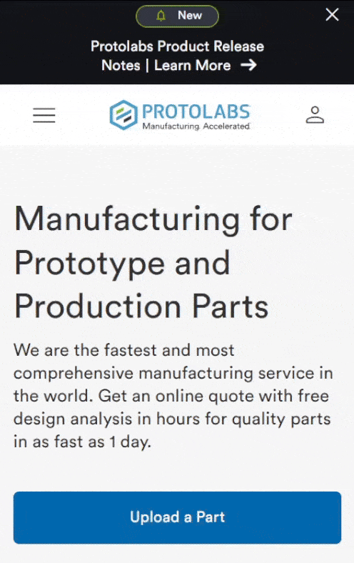 Mobile version of the Protolabs home page