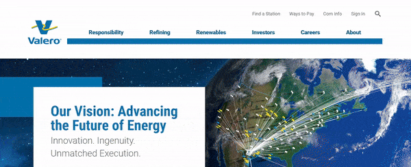 Desktop version of the Valero home page